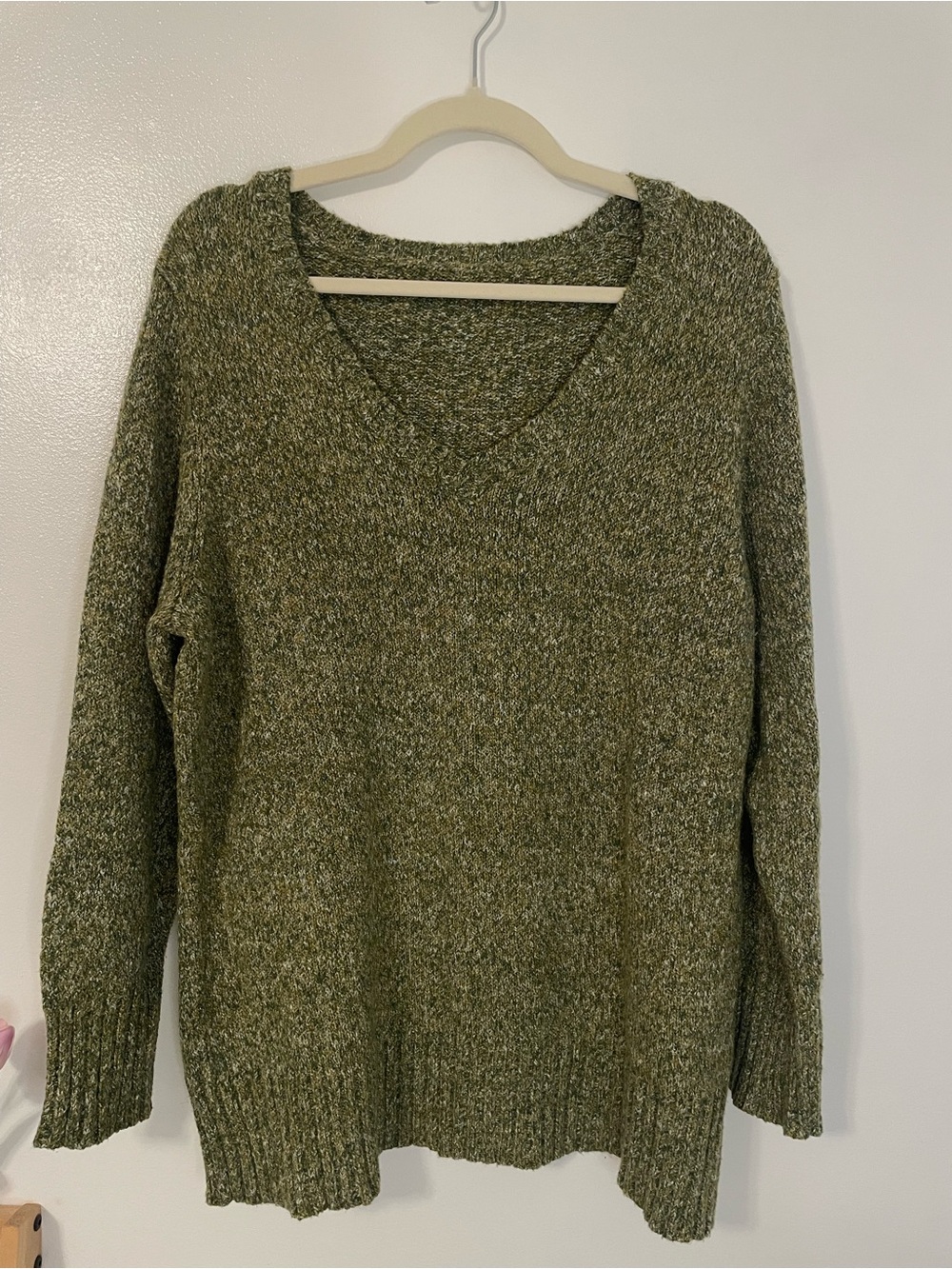 Long v neck soft green knit sweater fits like m/l